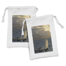 Lunarable Underwater Fabric Pouch Set of 2, Whale Watching in Front of Coastline Sunset Blow Water Clouds and Mountains, Small Drawstring Bag for Toiletries Masks and Favors, 9" x 6", Blue Sepia
