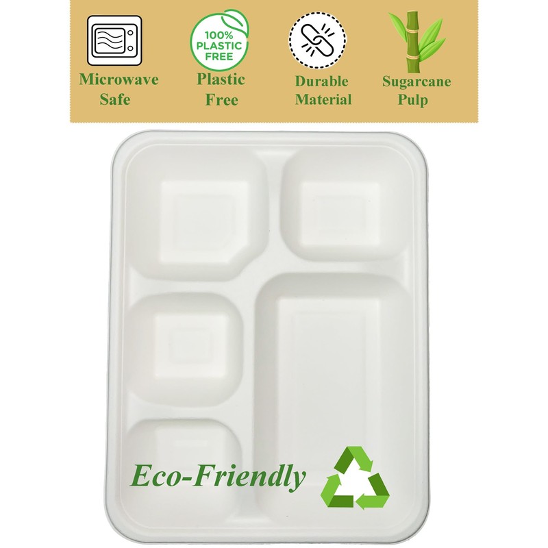 Be4Ever Sugarcane Bagasse 5 Compartment Plates Rigid & Durable Divided