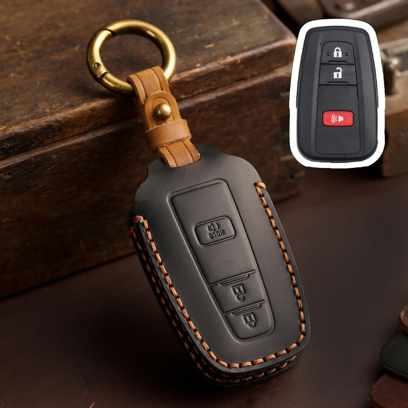 Hontumax Genuine Leather 3-Button Key Fob Cover for Toyota RAV4