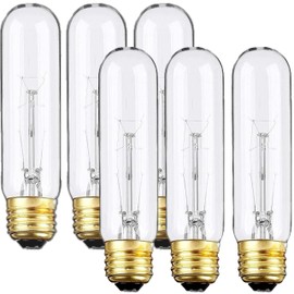 Weyolin 6 Pack T10 Tubular Light Bulbs, 40W Bulb, Clear Incandescent, E26 Medium Base, Warm White, Dimmable Vintage Tubular Style Showcase Bulb