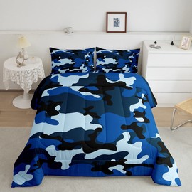 Feelyou Kids Camo Comforter Set Boys Army Camouflage Lightweight Bedding Set Teens Youth Man Colorful Pattern Art Decor Comforter Dark Blue Quilt Set Room Decor 3Pcs Full Size