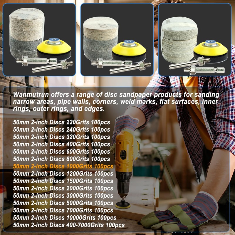 Wanmutrun 50MM Waterproof Sandpaper Hook and Loop 100pcs Grit 1000