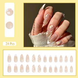 French Tip Press On Nails Medium Long Almond Shaped Fake Nails Glitter Pink White Flower Designs Acrylic Stick on Full Cover False Nails for Women W569