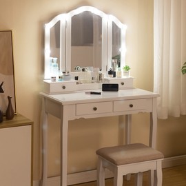 LilyFantasy Vanity Table, Makeup Vanity Table with Lighted Mirror, Vanity Set with Padded Stool, Tri-Fold Bedroom Vanity, 4 Drawers, 2 Brush Slots and 2 Open Compartments, White Finish