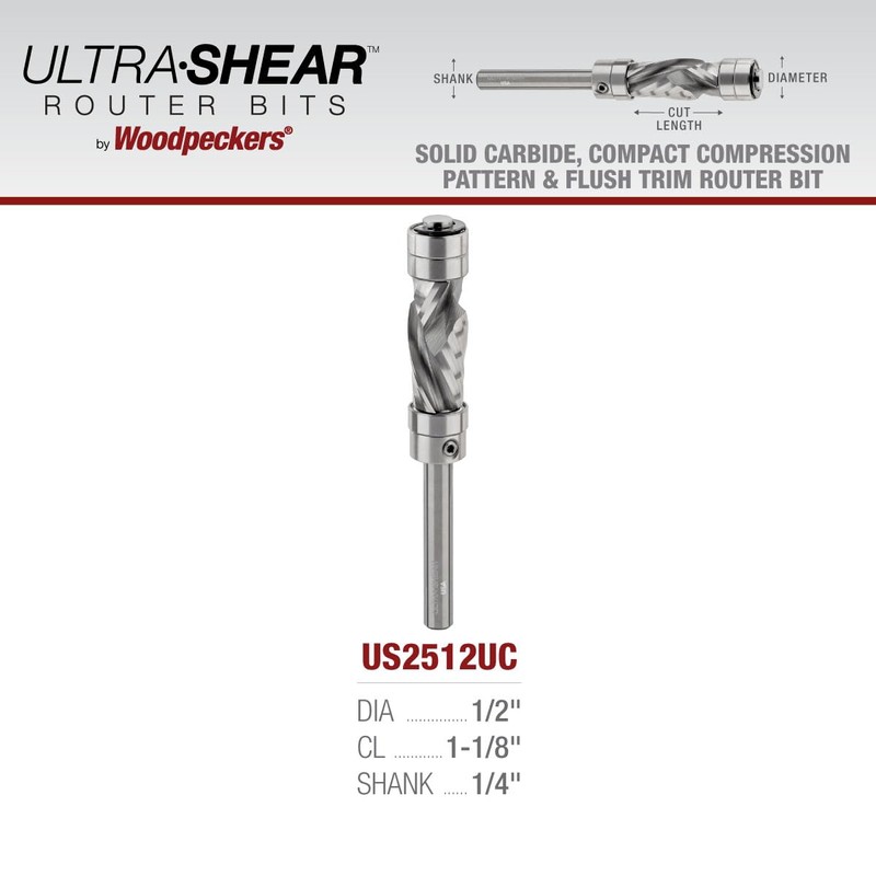 Ultra-Shear Solid Carbide Flush Trim Router Bit, 1/2" CD, 1/4"