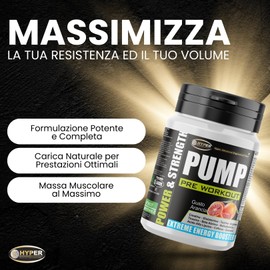 Hyper Pre Workout Potente Power & Strength Pump 500 gr - Preworkout Bodybuilding con Creatina, Glutammina, Taurina, Arginina, Tirosina, Acido Alfa Lipoico, Beta Alanina, Caffeina e Guaranà.