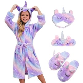 CHETOSHO Soft Unicorn Hooded Robe with Matching Slippers Headband and Blindfold for Girls - Purple Stars 5-6 Years