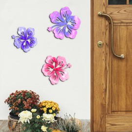 VGICH 3 Pcs Hawaiian Wood Hibiscus Wall Art Rustic Tropical Hibiscus Flower Wall Decor Vintage Tropical Plant Plaque for Home Bathroom Office