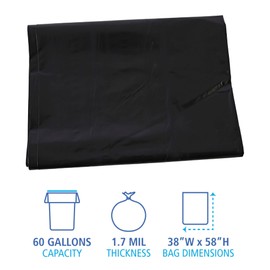Boardwalk Linear Low Density Industrial Can Liners, 60 gal, 1.7 mil, 38 x 58, Black, 100/Carton
