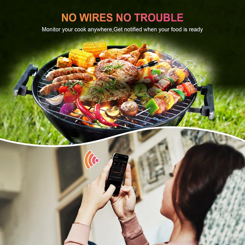 Wireless Smart Meat Thermometer with Dual-Sensor Probe, 500FT Remote Monitoring,