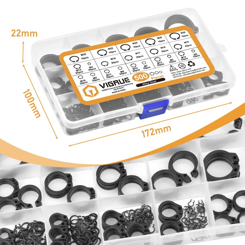 VIGRUE 500-Piece Snap Ring Assortment Circlip Set 21 Size Carbon