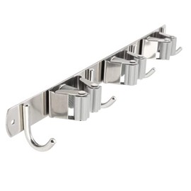 Gedotec Broom Holder Wall | 1 Piece Cleaning Cabinet Organiser Made of Stainless Steel | with 3 Holders and 4 Hooks | Broom Mop Tool Holder | Tool Wall Mount, Garden Tool Holder, Crutch Holder