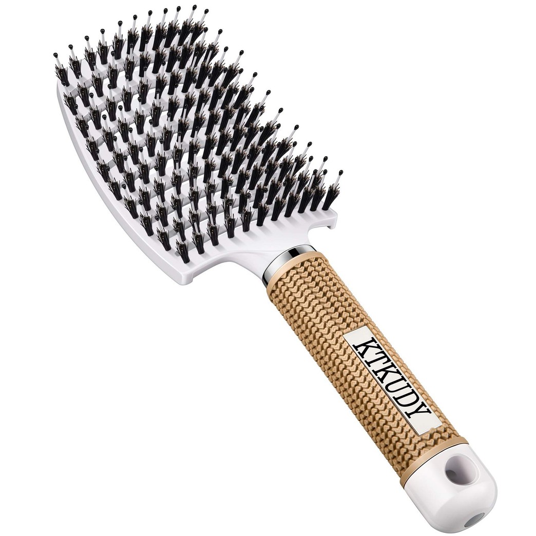 KTKUDY Vent Brush with Boar Bristles Quick Dry Hair Brush Curved Detangling Brush for Women Men Kids Wet and Dry Hair (white)