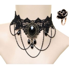 Madrugada Gothic Lolita Choker, Onyx Style, Rose Lace, Velour, Medieval Antique, Costume Accessory, Women's, Black Rose Ring Included, Set of 2 (Onyx Style)