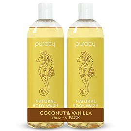 Puracy Gel de baño corporal, coco y vainilla, jabón corporal natural para alergias de la piel, 98.6% de ingredientes vegetales puros, gel de ducha hid