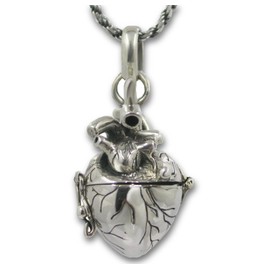 Pearlina Anatomical Heart Necklace Solid Sterling Silver 3d Antique Finish Message Note Holder or Pill Box Pendant Locket Opens (Heart with 24" Solid Silver Rope Chain)