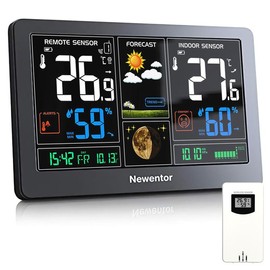 Newentor Weather Station Wireless Indoor Outdoor Thermometer, Color Display Digital Weather Thermometer with Atomic Clock, Barometric Pressure, Forecast Station with Adjustable Backlight, Black - Color: Black with 2 sensor