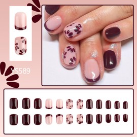 Brown Press on Nails Short Square Fake Nails with Flower Petals Design Fall Acrylic Nails Brown French Tip Nail Autumn Full Cover False Nail Glossy Glue on Nail for Women 24Pcs