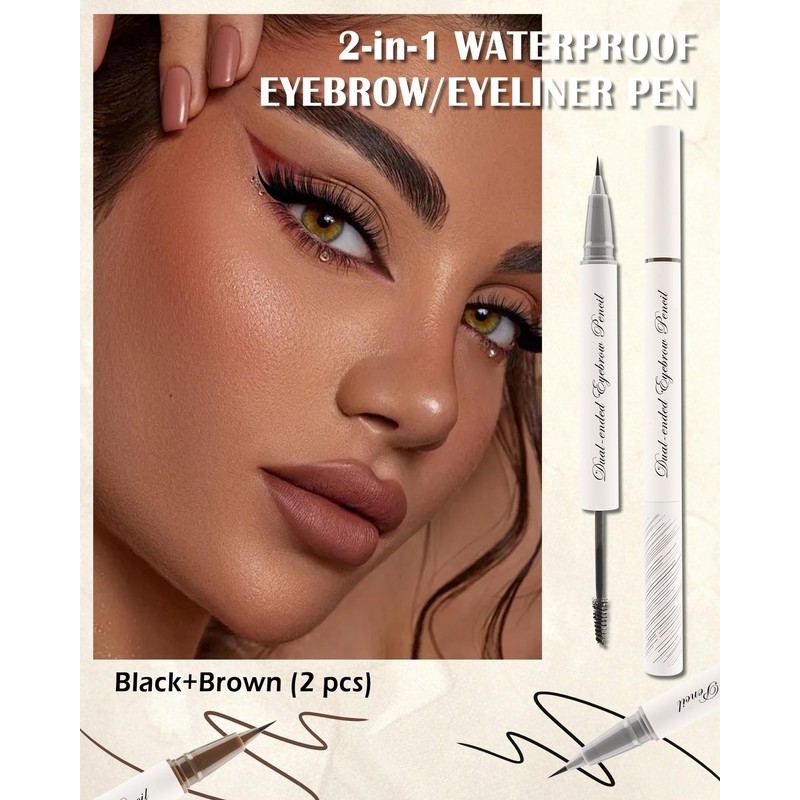 Eyebrow Pencil Tinted Brow Gel,2-in-1 Black Brown Liquid Brow Glue
