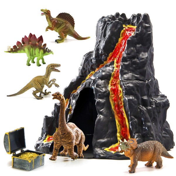 PREXTEX Lava Painted Volcano House with Hidden Door and 5 Dinosaur Figures with Treasure Box, Dinosaur Toys for Kids