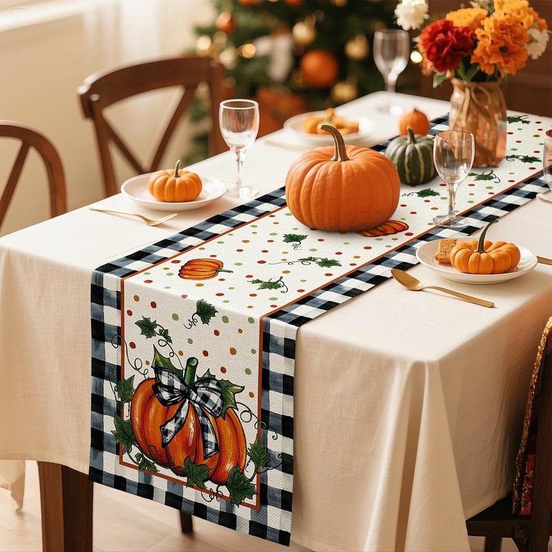 Artscope Pumpkin Bow Buffalo Plaid Fall Table Runner,Thanksgiving Holiday Kitchen