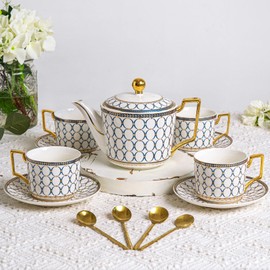 CwlwGO-7 Oz Bone China Blue Tea Cup and Saucer Service for 4,Afternoon Porcelain Tea Set with Teapot,Tea Sets For Women Tea Party.