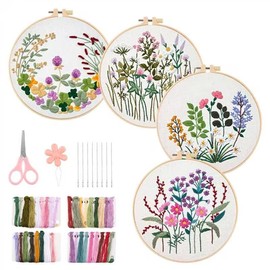 PBUSPU 4 Sets Embroidery Kit, Hand Embroidery Kits for Adults with Hoops, Floral Pattern Plants Embroidery Set, 1 Piece Bamboo Embroidery Hoop, Instructions and Tools, Cross Stitch Set for DIY Art