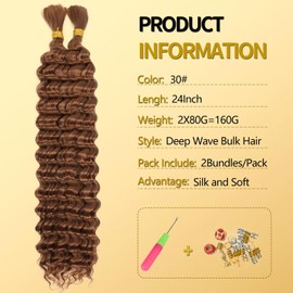 LPARMJIT Deep Bulk Hair For Braiding Hair, 18 Inch Deep Wave Bulk Hair for Braiding Wet and Wavy Quality Synthetic Micro Braiding Hair Extensions for Boho Braids, 2 Bundles/Pack (30#, 24 Inch (1