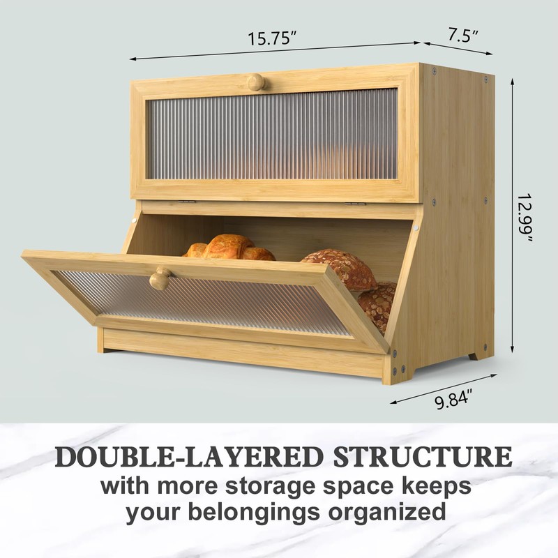 LOHASOK Bread Box for Kitchen Countertop: 2-Tier Bamboo Large Bread