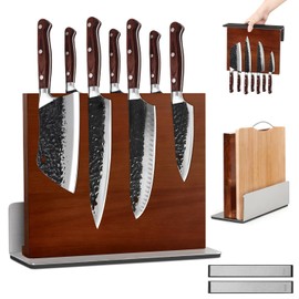 Kirumie 2 in 1 Wood Magnetic Knife Block with Cutting Board Rack&Sharpener, Acacia Wood Kitchen Knife Holder Stand, Double Side Strong Magnetic Knife Holder Stand for Kitchen Counter Storags