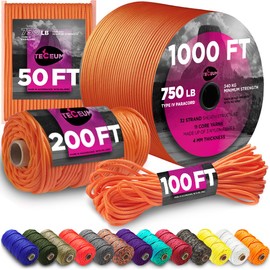 TECEUM Paracord Type IV 750 lb Royal Orange – 100 ft – 4mm – 100% Nylon Strong Tactical MIL–SPEC Parachute Cord – Survival Rope Emergency para Cord 11 Strands Core EDC Camping Hiking Military Gear