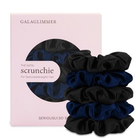 Satin Scrunchies for Women: No-Damage Hair Ties for Girls, Day to Night Silk-Like Scrunchies for All Hair Types and Textures, Crease-Free Hair Accessories - 5-Pack (Blue & Black)