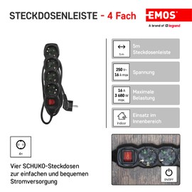 EMOS - 4-way power strip 5m - with switch - 4 Schuko sockets rotated 45° - 250 V, 16 A, 3680 W - PVC insulation - H05VV-F3G 1.5 mm2 - increased touch protection - IP20 for indoor use - black