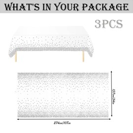 3pcs 137 x 274cm Silver Dot Disposable PVC Table Cloth Wipeable Tablecloths Rectangular, Plastic Clean Tablecloth Waterproof, Oil-proof Table Cover for Birthdays Table Cover for Picnic,Christmas