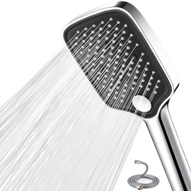 Shower Head Water Saving with Hose 1.5 m, Shower Head with Hose, Hand Shower with 5 Jet Types, Large Shower Head, Shower Hose with Shower Head for Bathing, Chrome