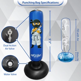 Punching Bag for Kids - 5' 3" Ninja Inflatable Punching Bag Combo Kit with Kids Boxing Gloves, a Pump and Repair Kit. Boxing Bag for Immediate Bounce Back. Birthday (Blue)