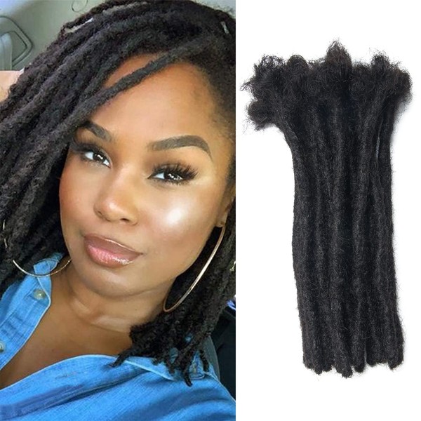 Permanent Human Hair Dreadlock Extensions 20 Strands Handmade Crochet Real Hair Loc Extensions (8 Inches, Width 0.8 cm, Natural Black)