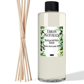 Urban Naturals Eucalyptus & Sage Essential Oil Reed Diffuser Refill | Large 8 Ounce Size | Includes a Free Set of Reed Sticks! Made in The USA
