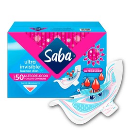 Saba Ultra Invisible Buenos Días Ultradelgada con alas, 50 piezas