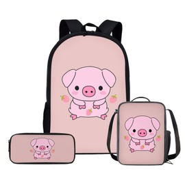 HELLHERO 3 in 1 Sets Strawberry Pig Backpack for Girls Boys Kids School Bag Set with Lunch Bags Pencil Purse Bookbag for Elementary College School Student Travel Holiday Trips Rucksack