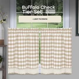 Buffalo Check Tier Pair Window Curtain Set - 58 Inch Width, 36 Inch Length - Taupe & Ivory Plaid Drapes - Light Filtering Drapes for Kitchen, Bedroom, Living & Dining Room by Achim Home Decor