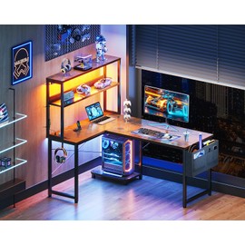 Casaottima Gaming Desk with Power Outlets & LED Lights, 43 Inch Reversible L Shaped Computer Desk with Shelves & Storage Bag, Corner Desk for Home Office, Vintage