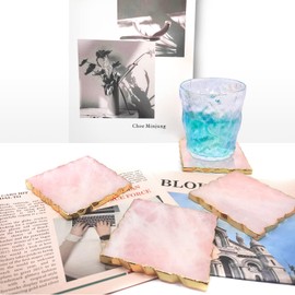 L-stone Rose Quartz Decor Coaster, Natural Pink Crystal Round Coasters Gold Edge Set of 4 (Irregular Square)