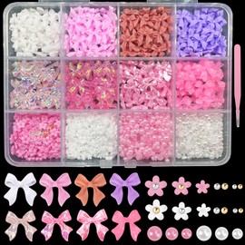 1000 PCS 3D Nail Charms Bulk 8 Colors Bow Nail Charms Y2K Flower Rose Heart Star Pearl Nail Charms and Gems for Nails Design Nail Pearls Charms for Nail Art