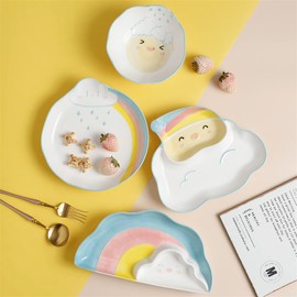 TENGJU Dining Plate Rainbow Ceramic Tableware Hand Painted Underglaze Color Dish Grid Plate Breakfast Fruit Snack Plate Dinner Plate