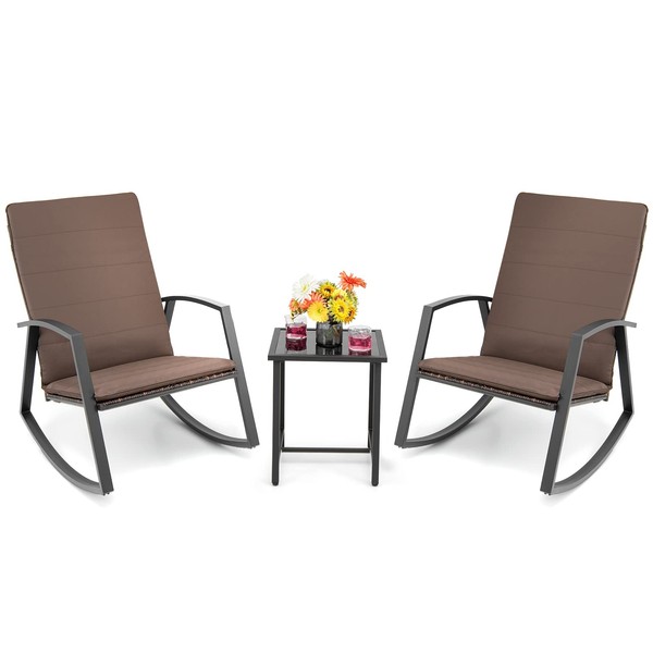 COSTWAY 3 Pieces Rocking Chair Set, Patio Rattan Bistro Set