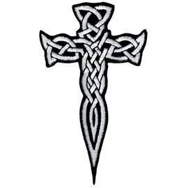 Celtic Cross Dagger White Iron-On Patch Embroidered Irish Crucifix