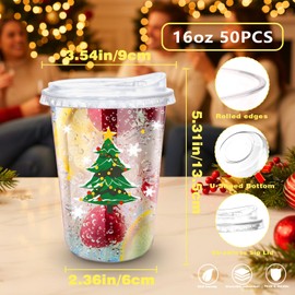 Xuelimei 16oz Christmas Disposable Plastic Cups with Strawless Sip Lids-Xmas Tree Santa Reindeer Snow Cold Drinks, Coffee, Beer, Drinks, Ice Cream, Drinking Cups for Holiday Party Supplies. (50)