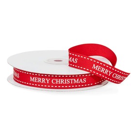 Red Merry Christmas Ribbon with White Stitching - 5/8in. Wide x 25 Yards
