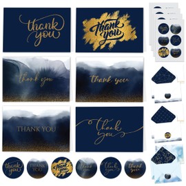 Decorably Thank You Cards With Envelopes & Stickers, Glittery Cards - 24 Pack Blue and Gold Thank You Cards, Blue Thank You Cards With Envelopes, Blank Inside 6x4 Navy Thank You Cards With Envelopes